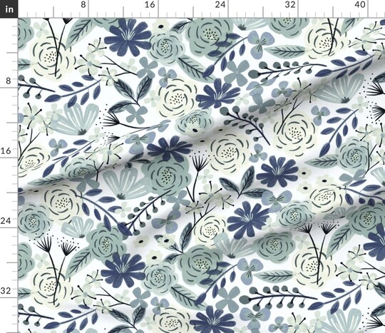 Blue Boho Floral Sage Green Wilderness Large Scale Navy Custom Printed Fabric by Spoonflower Various Fabrics by the Yard or Fat Quarter